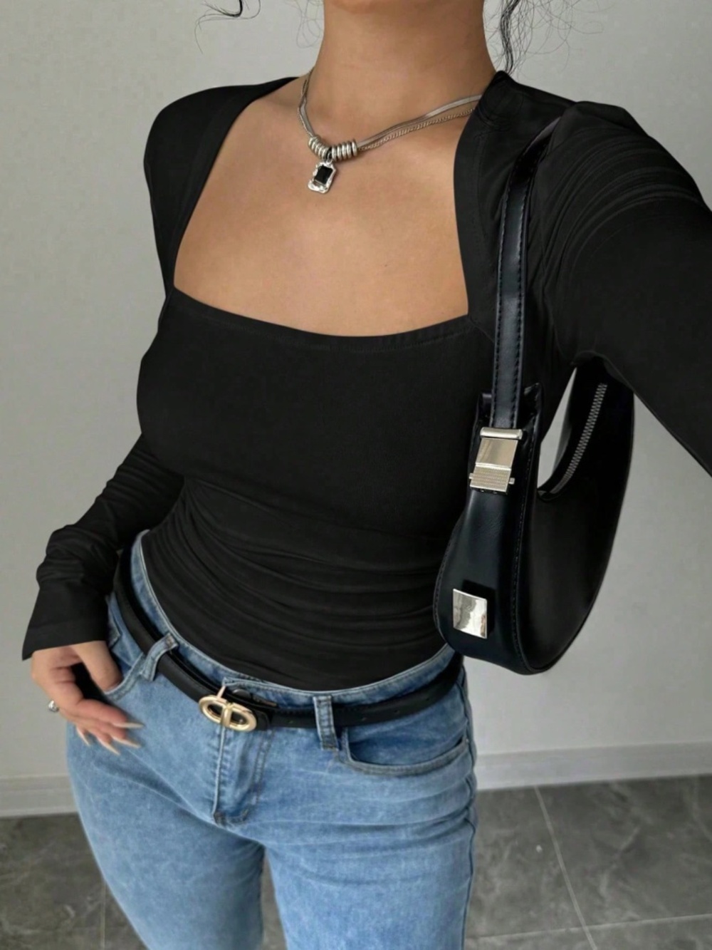 Black Square Neck Long Sleeve Slim Fitted Ruched Tee Shirt - Picture 2 of 9
